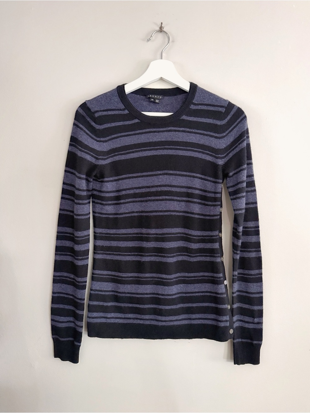 Theory Sweater Women S/P Navy Purple 100% Cashmere Striped Preppy Quiet Luxury
